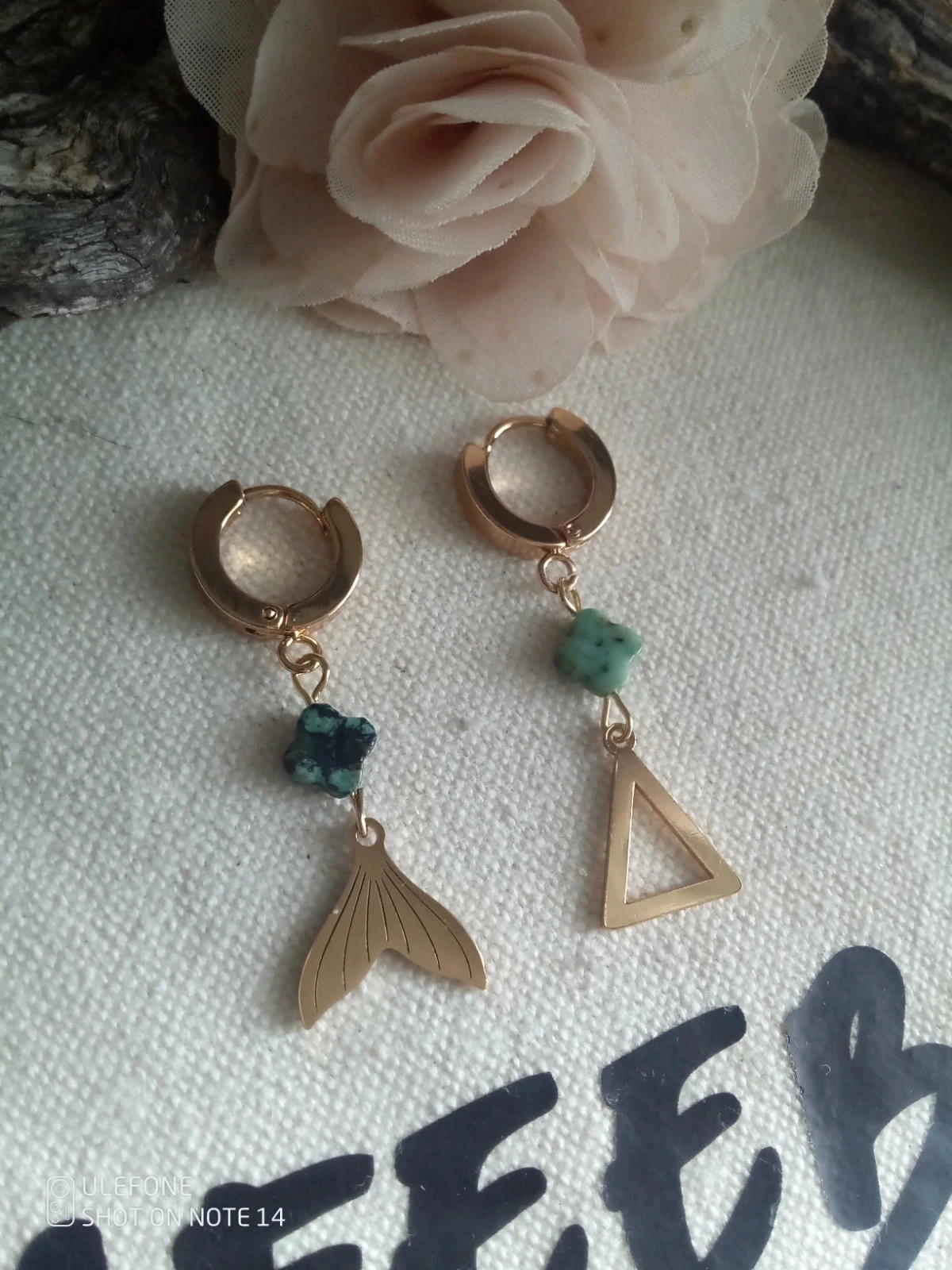 African turquoise clover bohemian earrings, triangle and baleen – photo 2